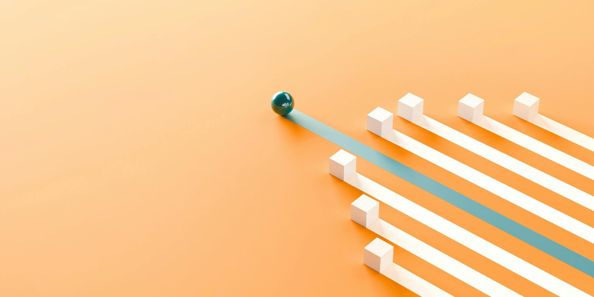 A green sphere moves in front of a group of white boxes against an orange background.