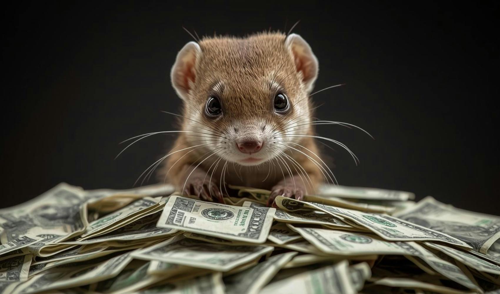 A weasel perches atop a pile of cash.