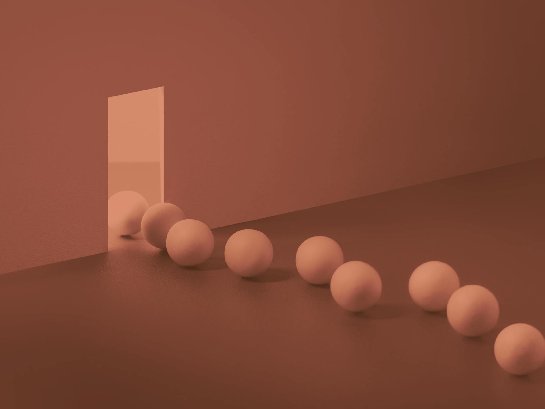 White balls line up to a door.