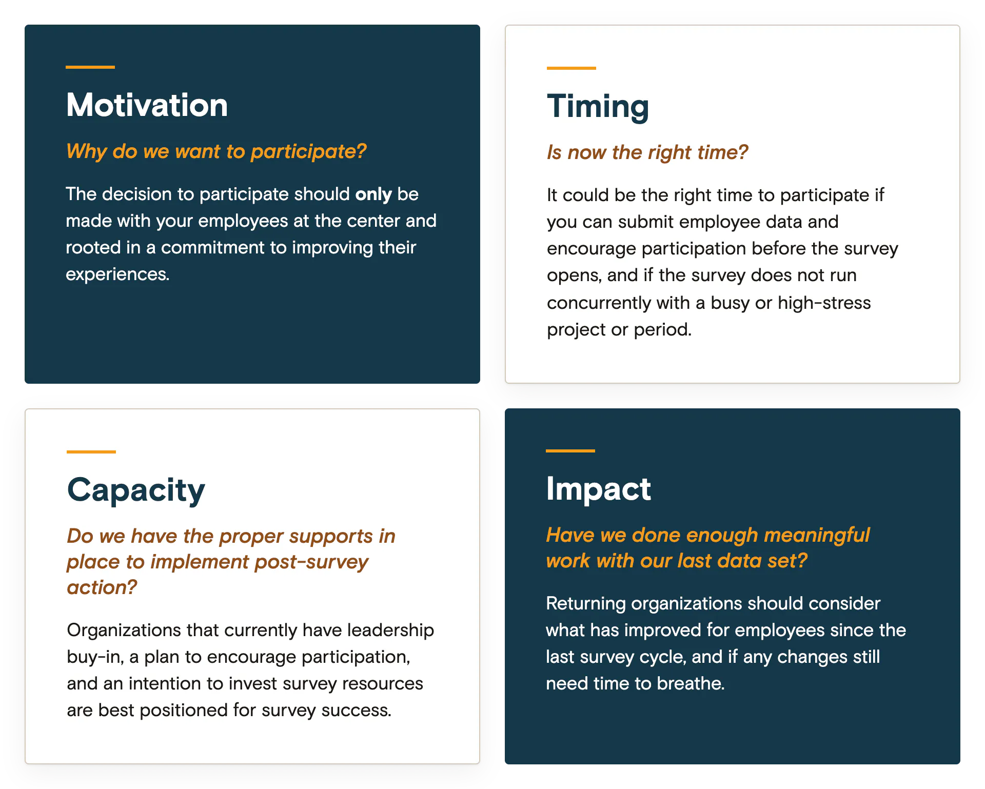 Four things to weigh before participating in the survey: motivation, timing, capacity and impact.
