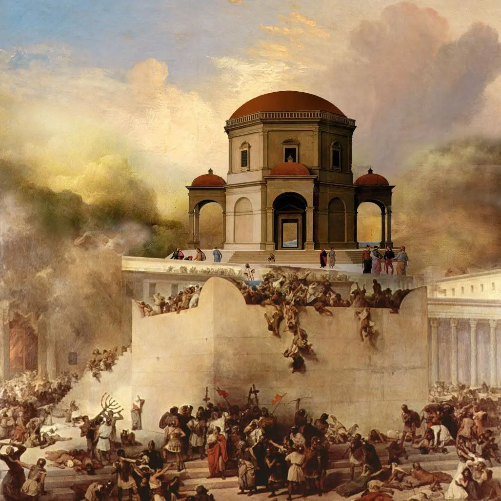 Artwork depicting the chaotic destruction of the Holy Temple in Jerusalem