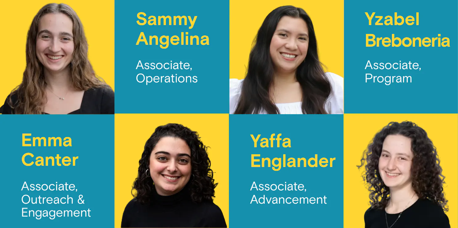Graphic introducing four associates: Sammy Angelina, Yzabel Breboneria, Emma Canter, and Yaffa Englander