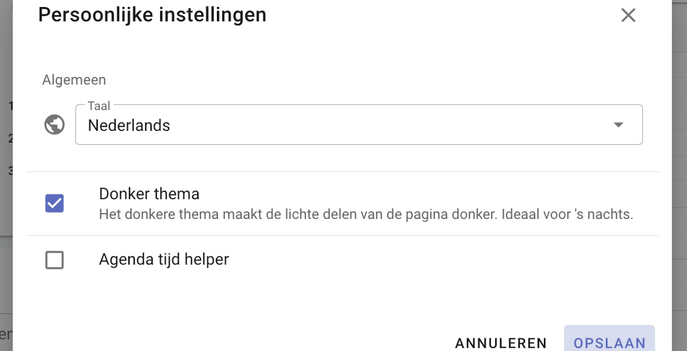 Account-instellingen om donkere thema aan te zetten