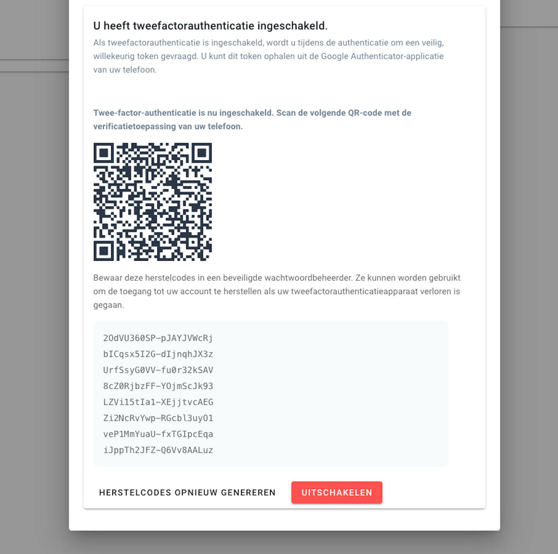 Twee-factor-authenticatie menu met de QR-code en herstelcodes.