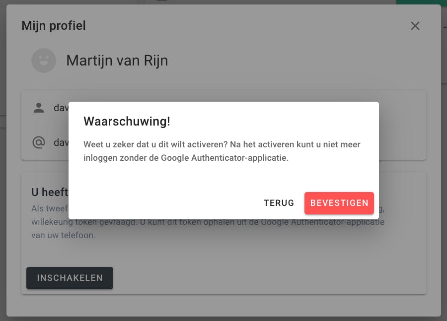 Waarschuwing voor het inschakelen van twee-factor-authenticatie.