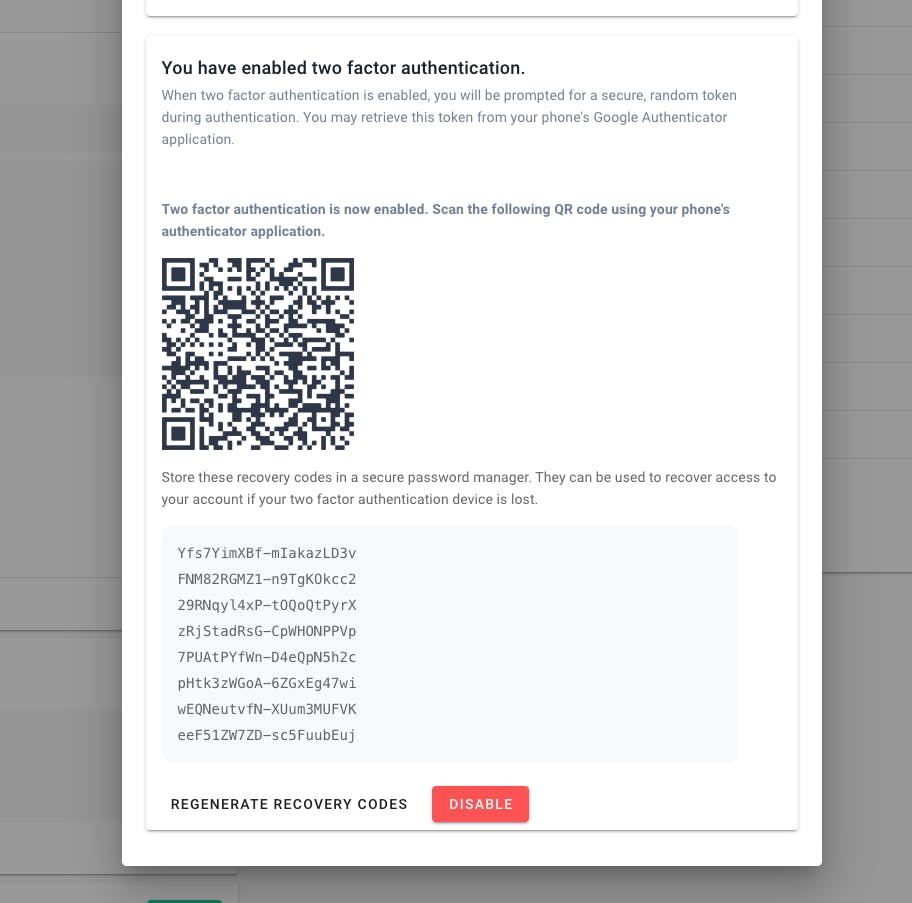 Two-factor-authentication menu with the QR-code and the recovery codes.