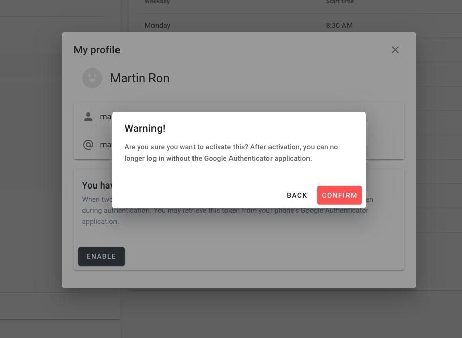 Warning for enabling two-factor authentication.