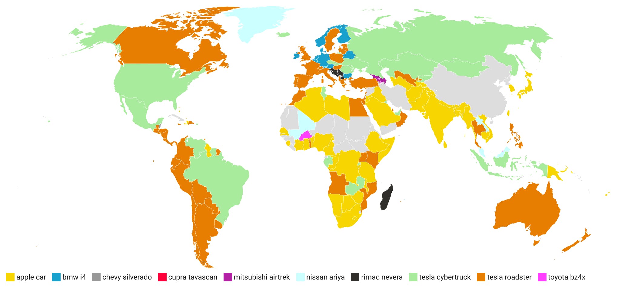 map of most searched for evs around the world