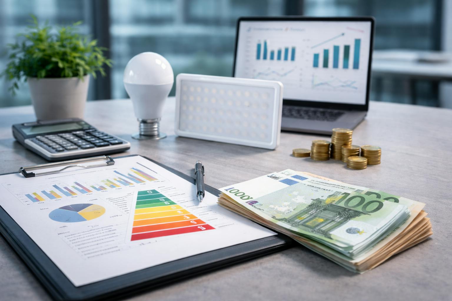 Documents financiers et matériel d’éclairage LED illustrant les aides au financement pour les entreprises