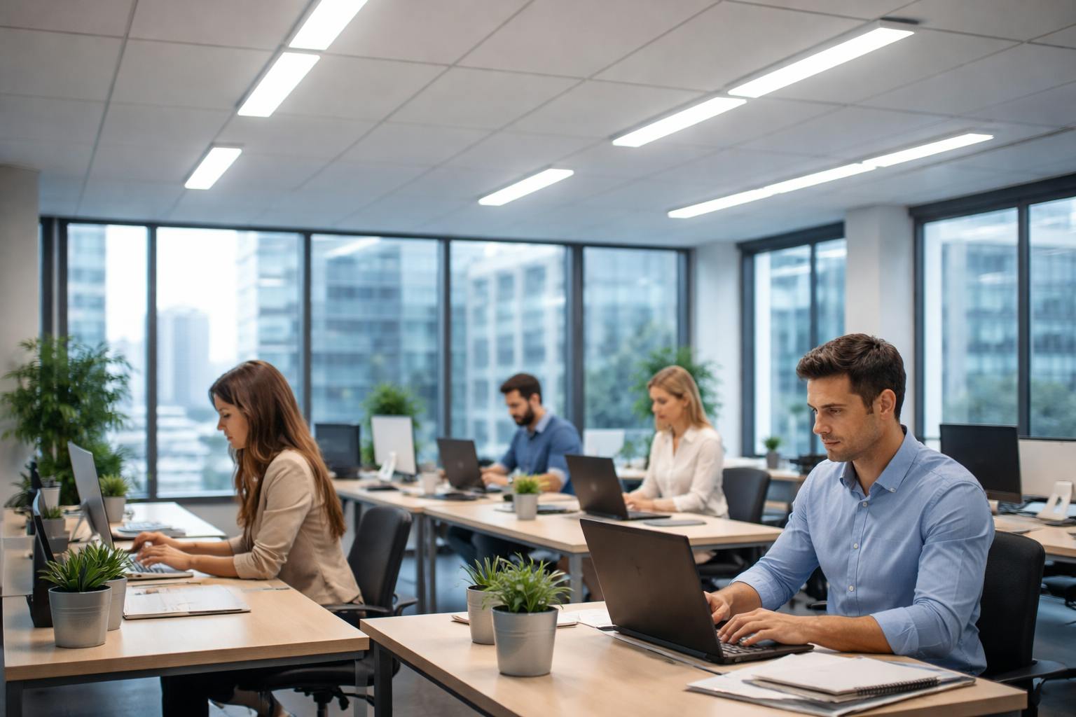 Bureau moderne éclairé par des luminaires LED avec des employés concentrés travaillant sur ordinateur