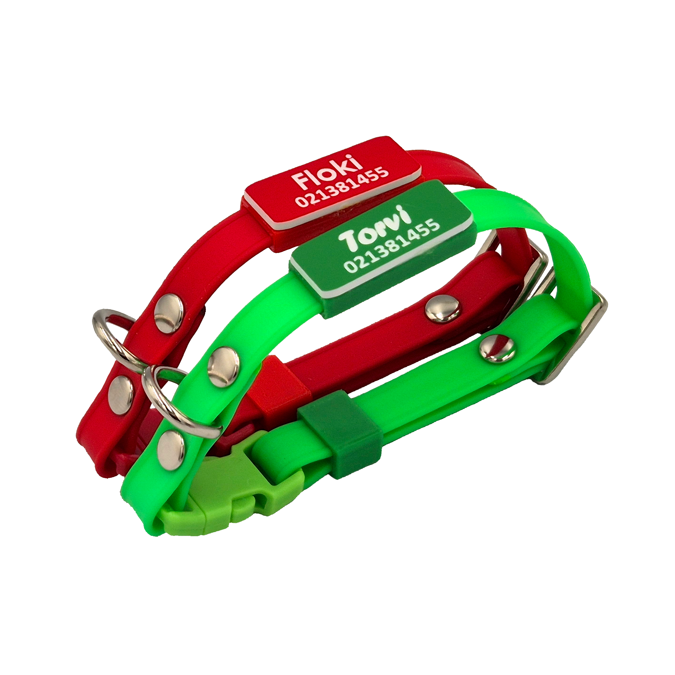Slide-On Scrag Tag Cat Collar - Green and Red with Silver