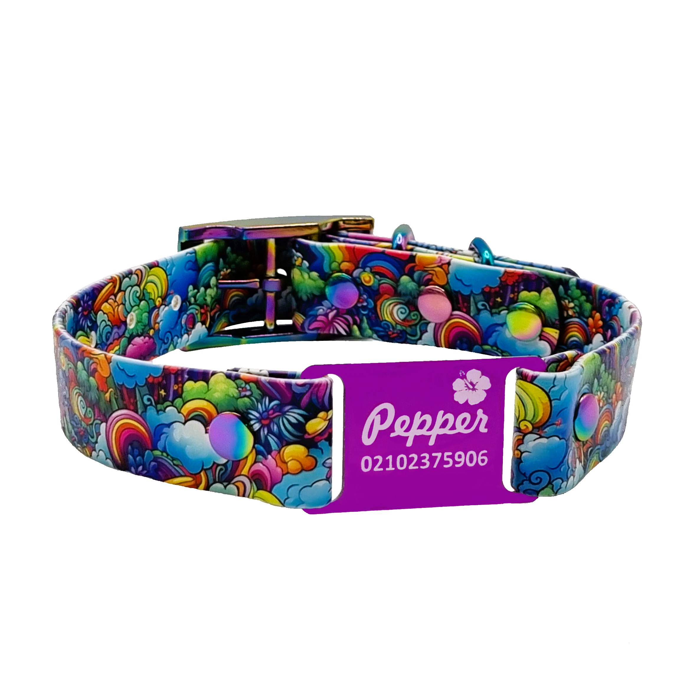 Designer Scrag Tag Dog Collar - Rainbow Forest and Neo - Magenta Name Plate