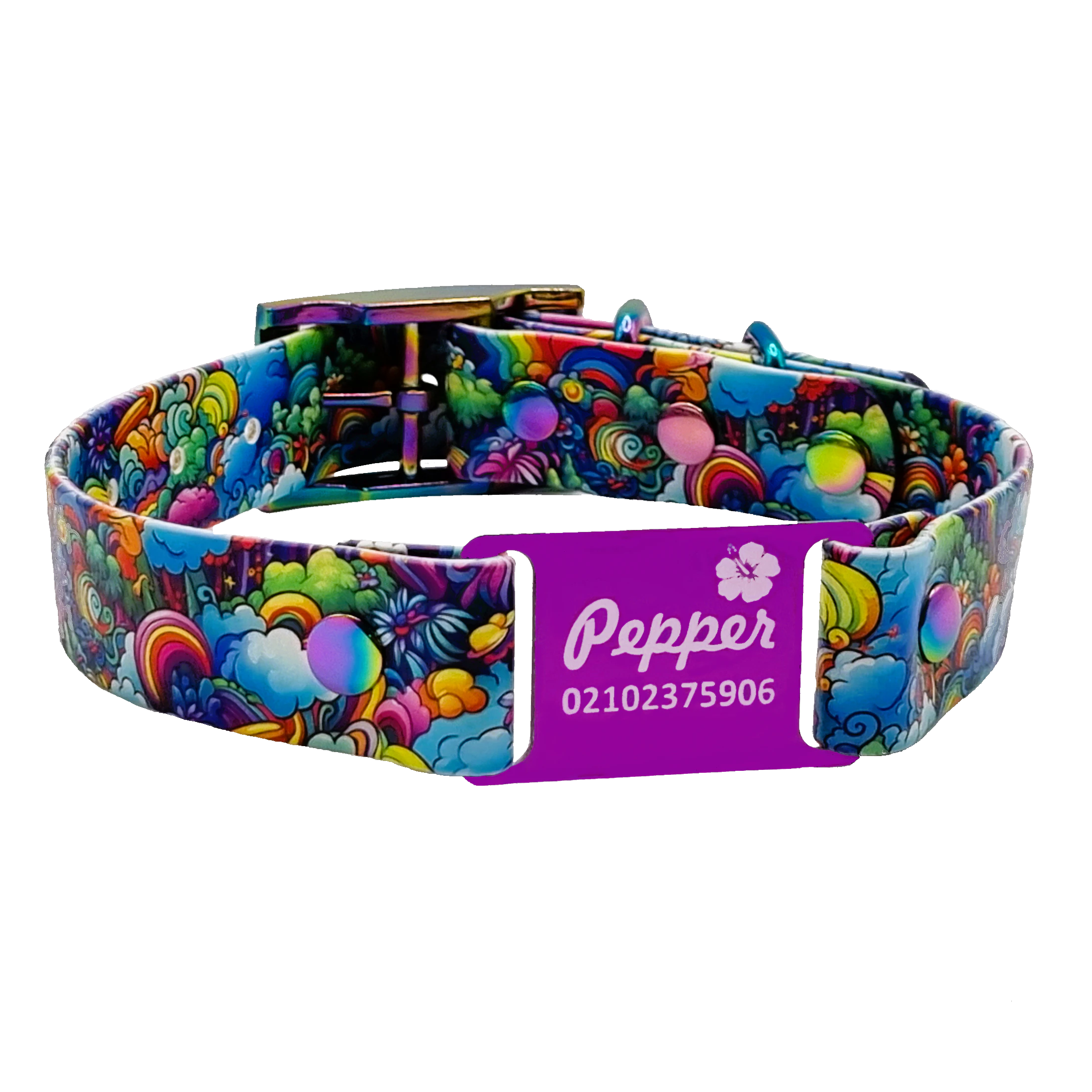 Designer Scrag Tag Dog Collar - Rainbow Forest and Neo - Magenta Name Plate