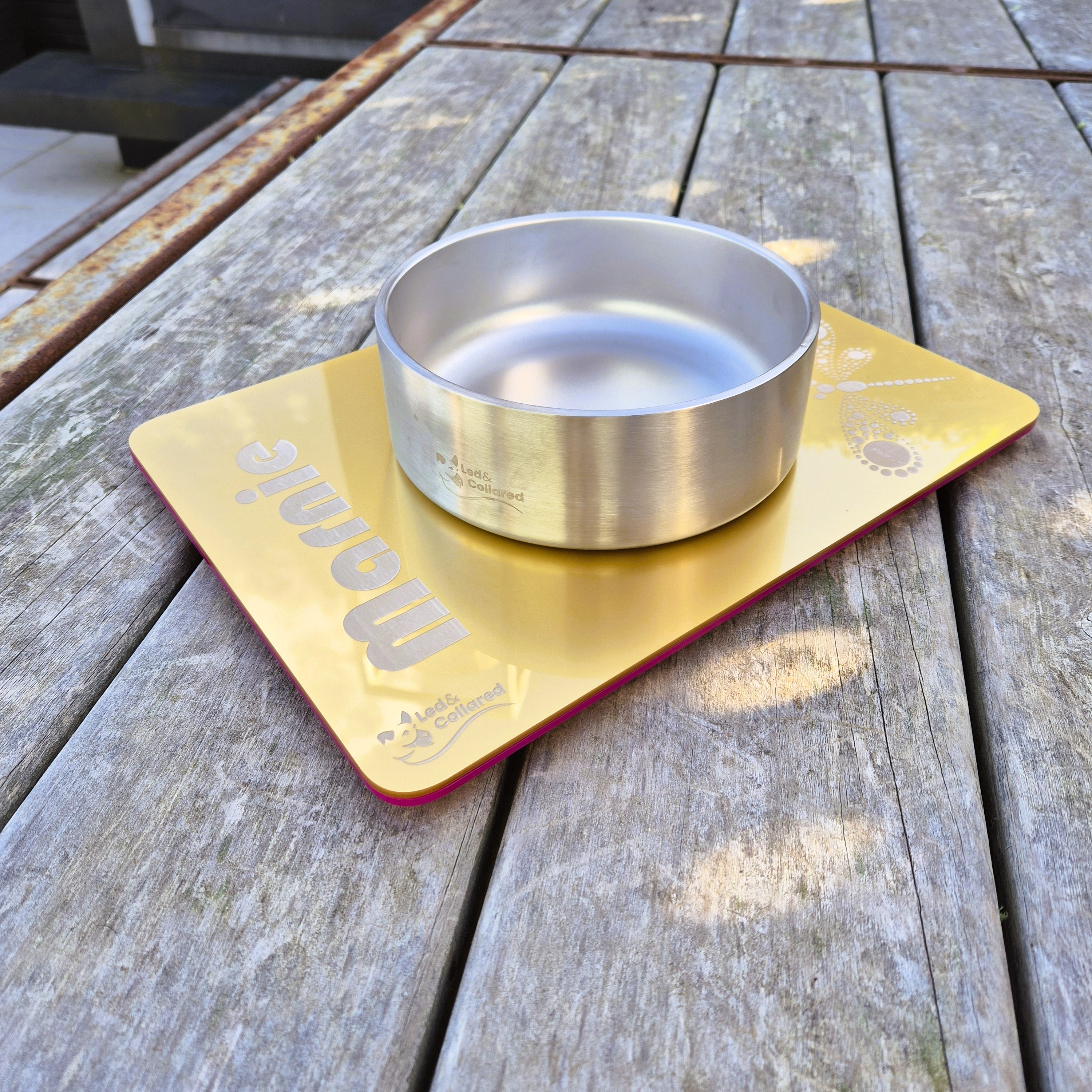 Dog Feeding Mat - Single - Gold and Pink Outside