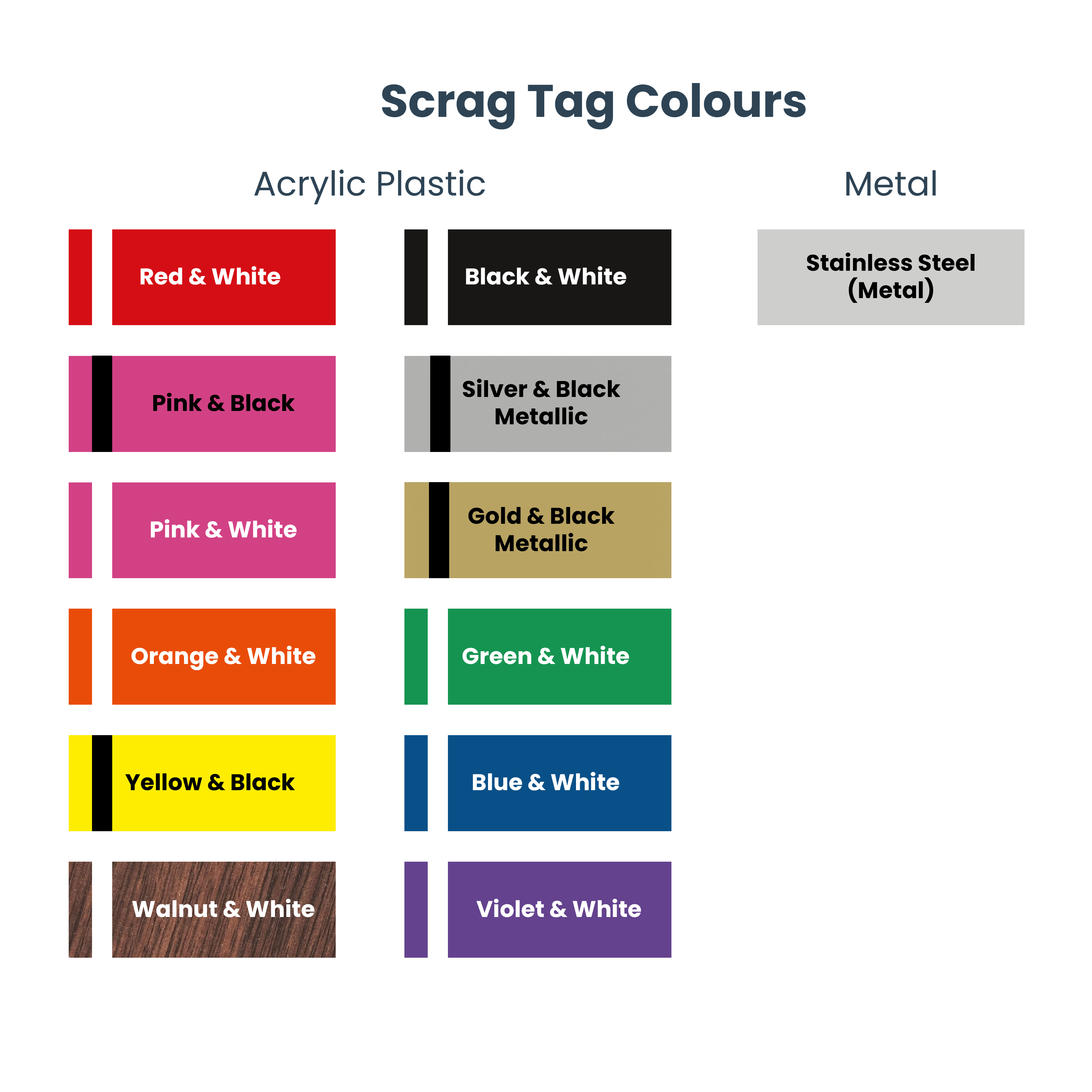 Scrag Tag Colour Options - Acrylic Laminate and Stainless Steel
