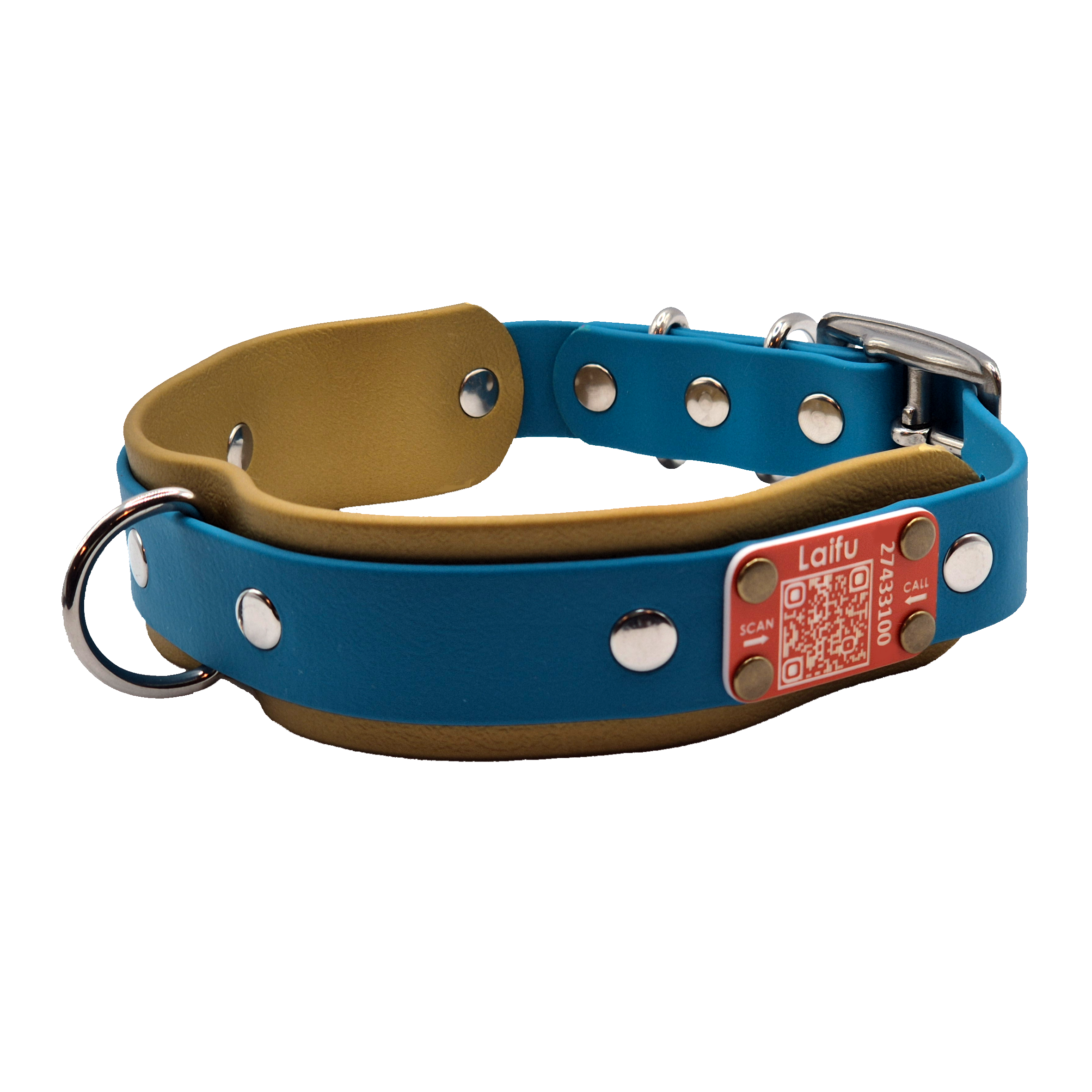 Tactical Dog Collar - Gold and Lagune Blue with QR Code Tag