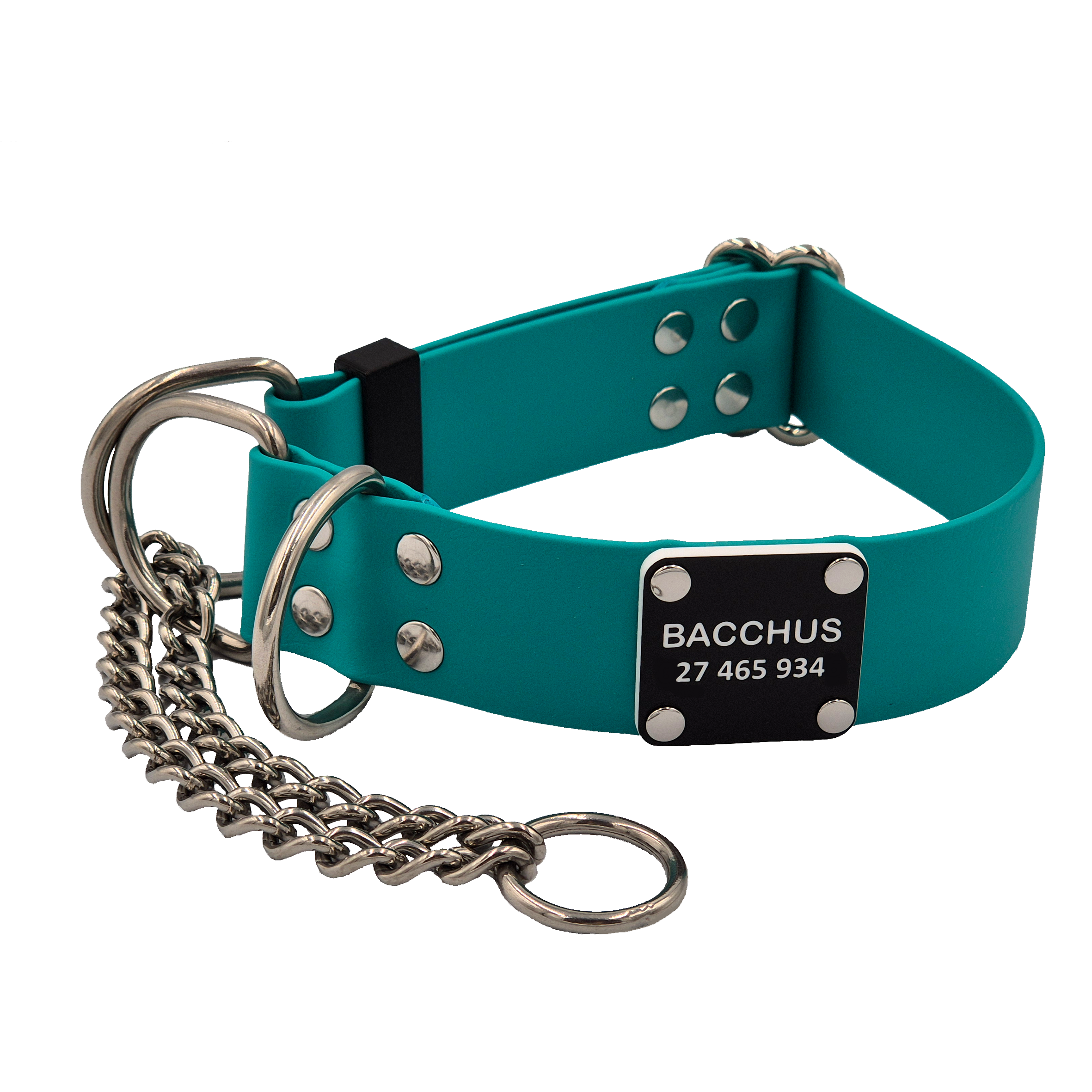Secure Dog Collar - 38mm Wide - Teal with Stainless Steel and Personalisation