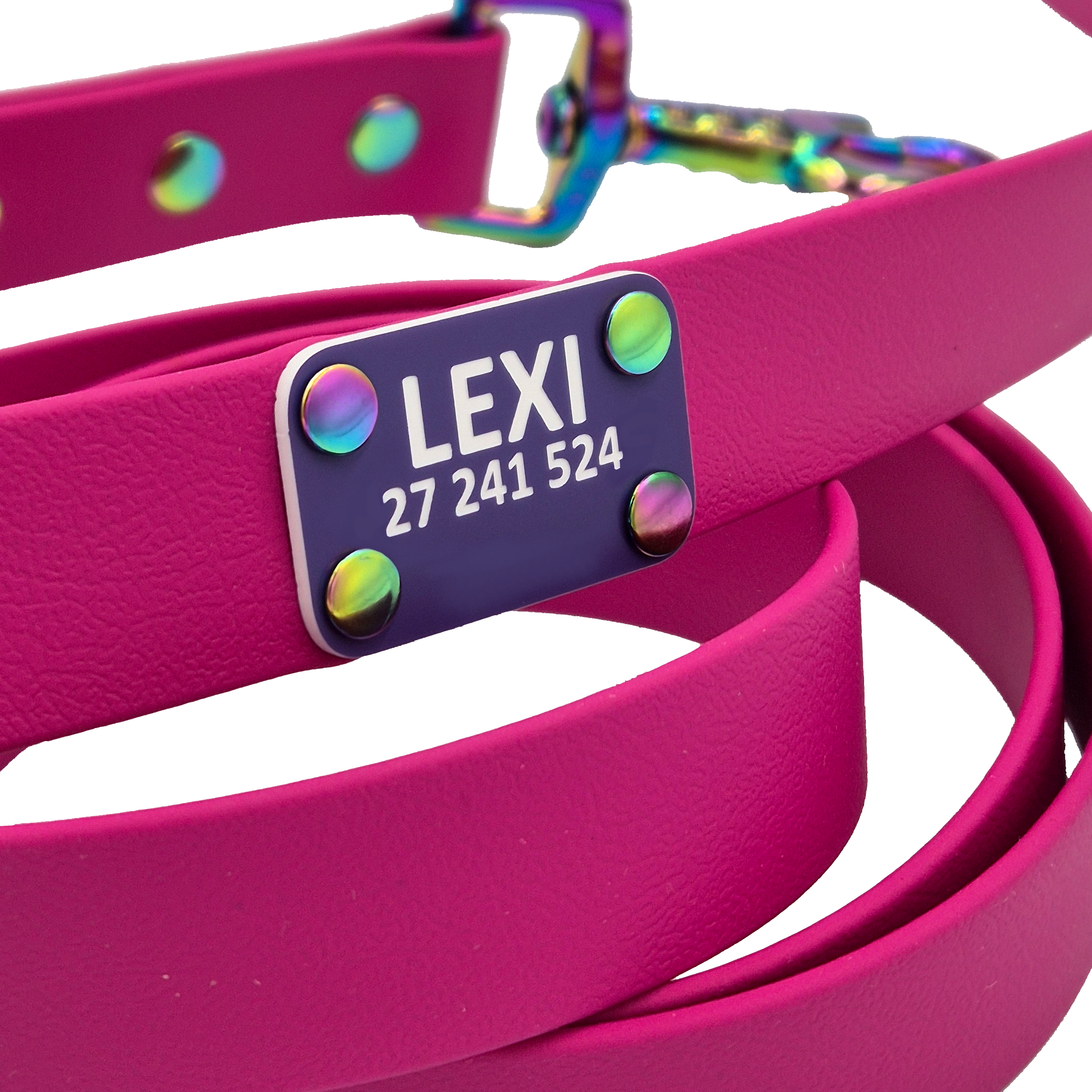 Scrag Tag Personalisation on Dog Lead - Violet and White 1.6mm