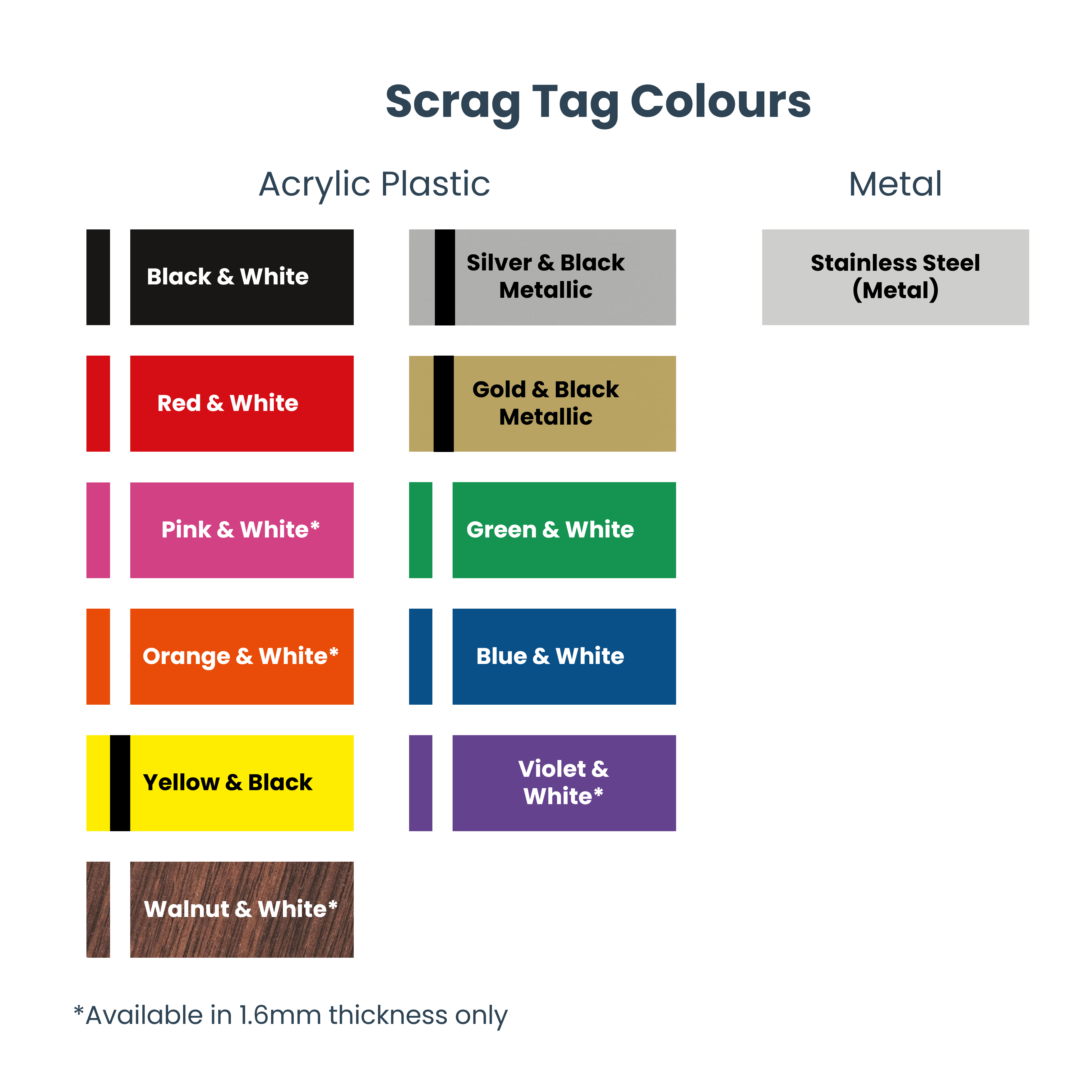 Scrag Tag Colour Samples x12 - Acrylic and Stainless Steel