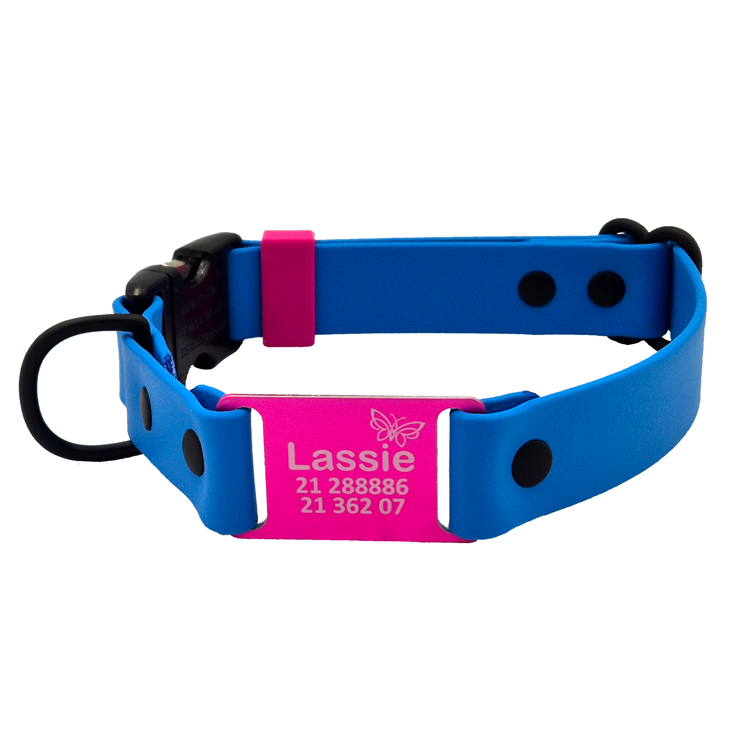 Quick Release Scrag Tag Dog Collar - Light Blue and Black.Gunmetal