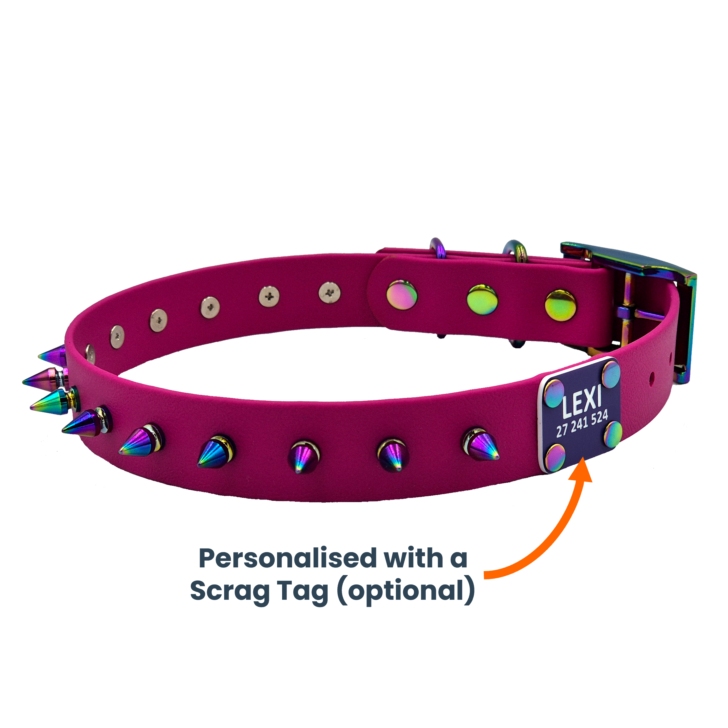 Fierce Dog Collar - Magenta and Neo with Scrag Tag - Labelled