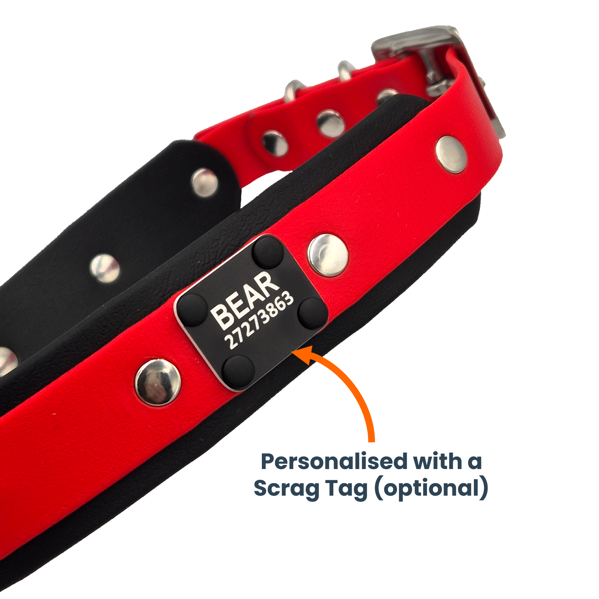 Tactical Dog Collar - Red and Black - Scrag Tag - Labelled