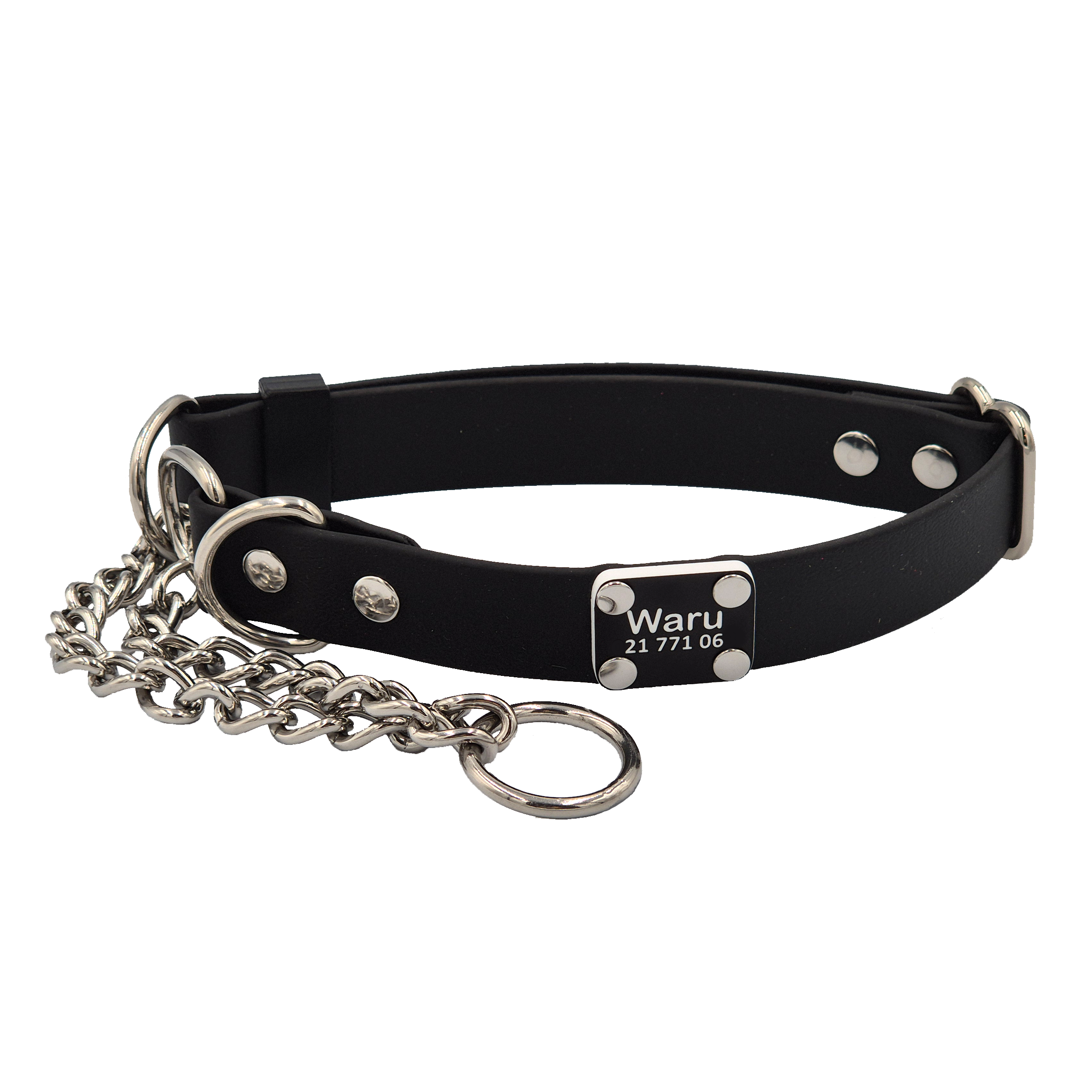 Secure Dog Collar - Black and Stainless Steel - Personalised