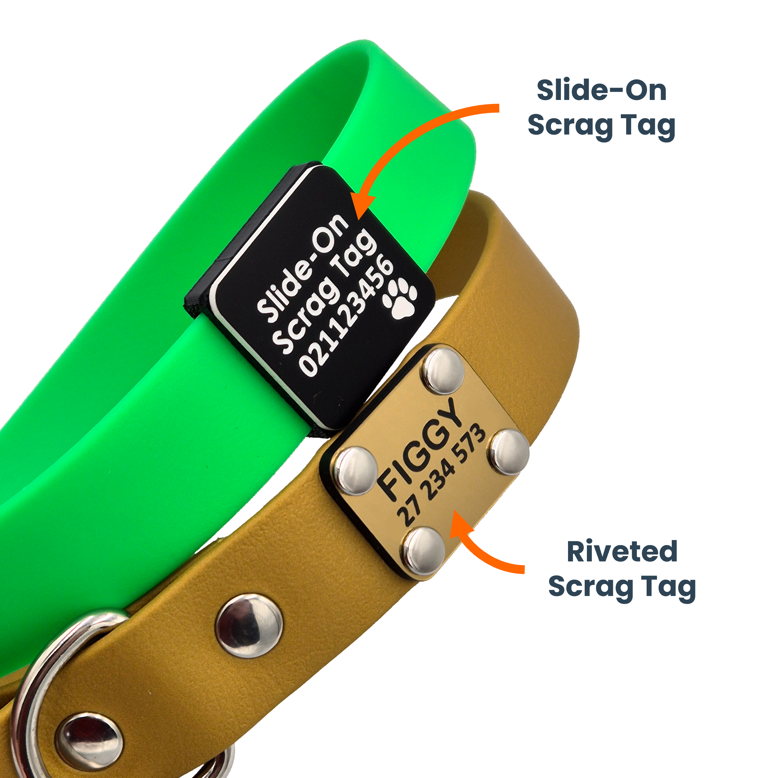 Slide on vs. Riveted Scrag Tag - Green and Gold - Labelled