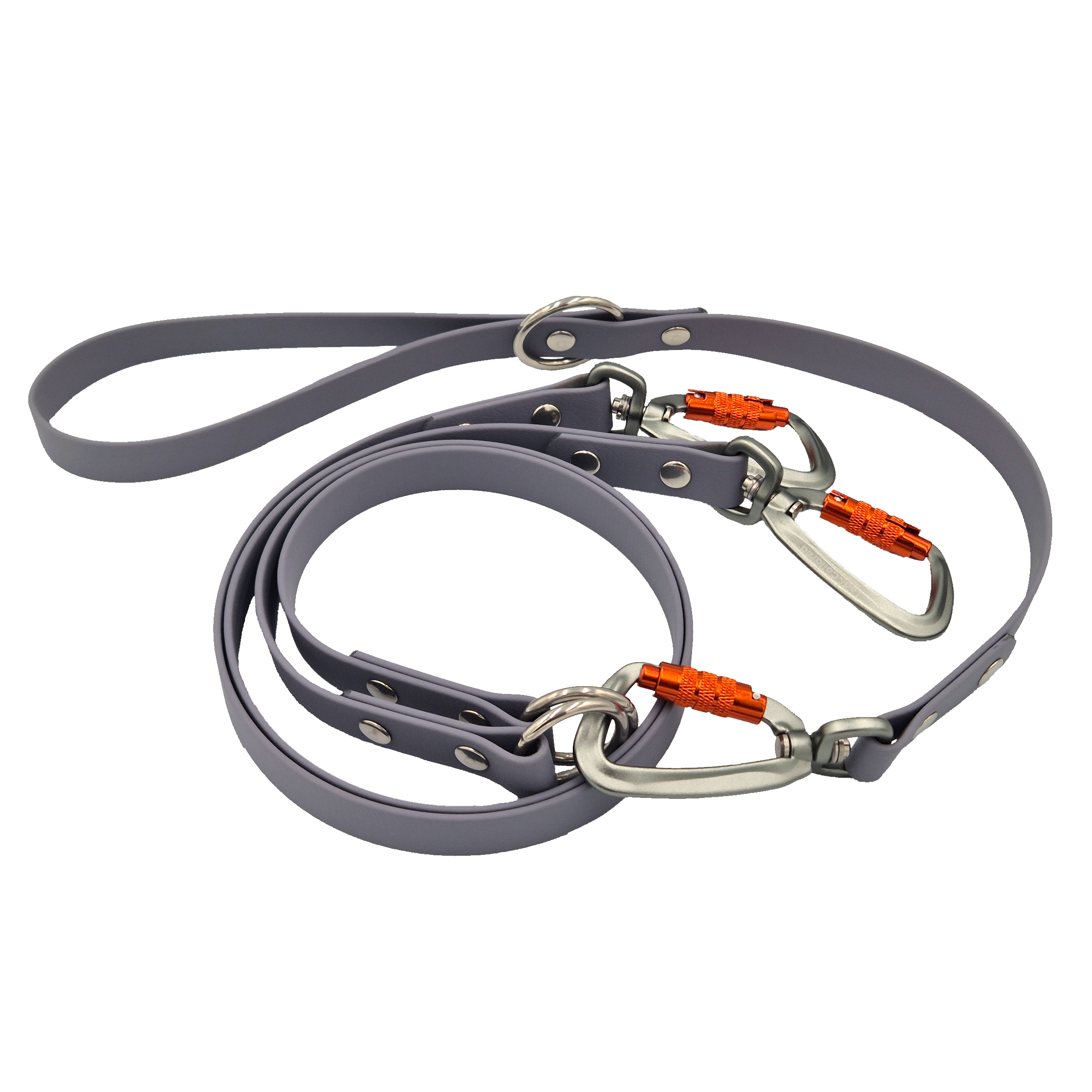 Double Dog Lead - Grey with Silver and Orange hardware