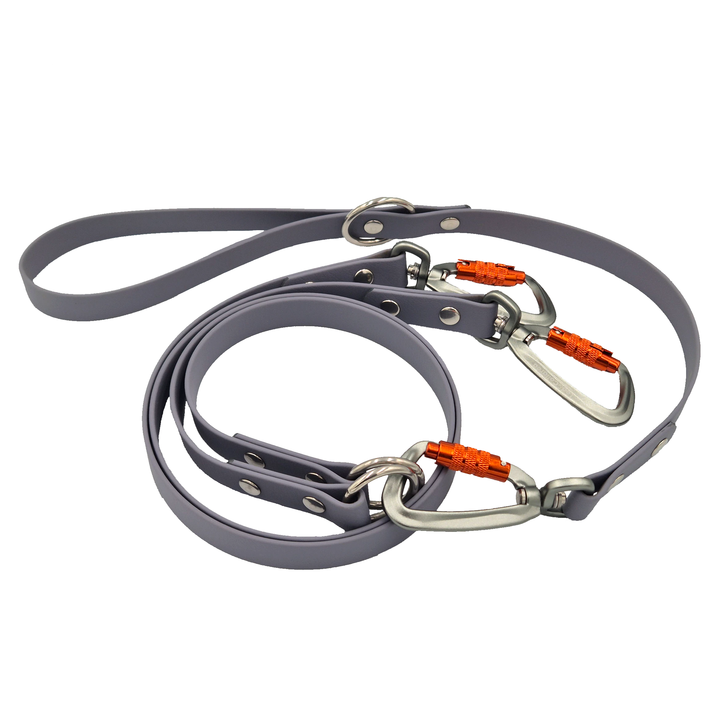 Double Dog Lead - Grey with Silver and Orange hardware