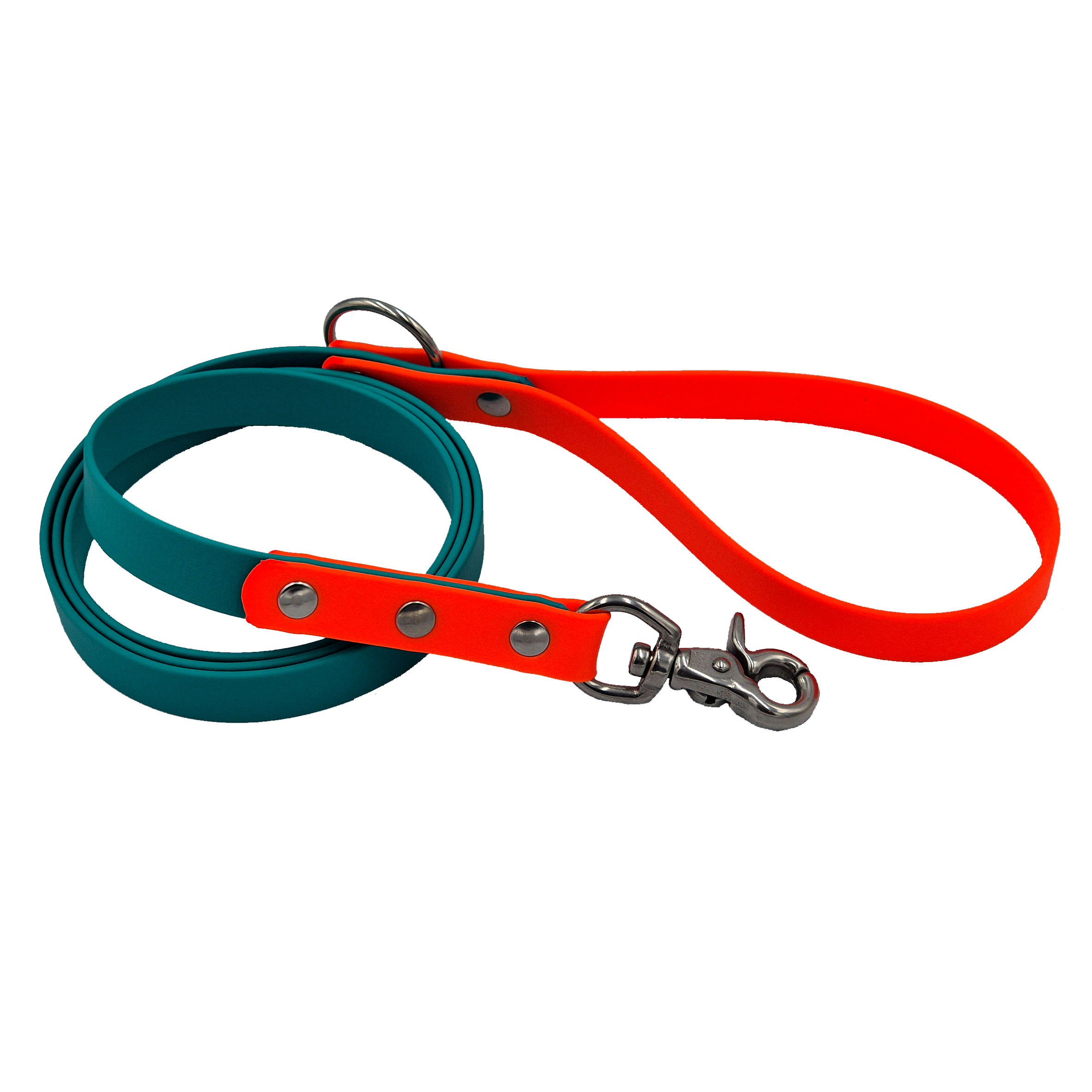Two-Tone Classic Dog Lead - Teal and Bright Orange with Stainless Steel