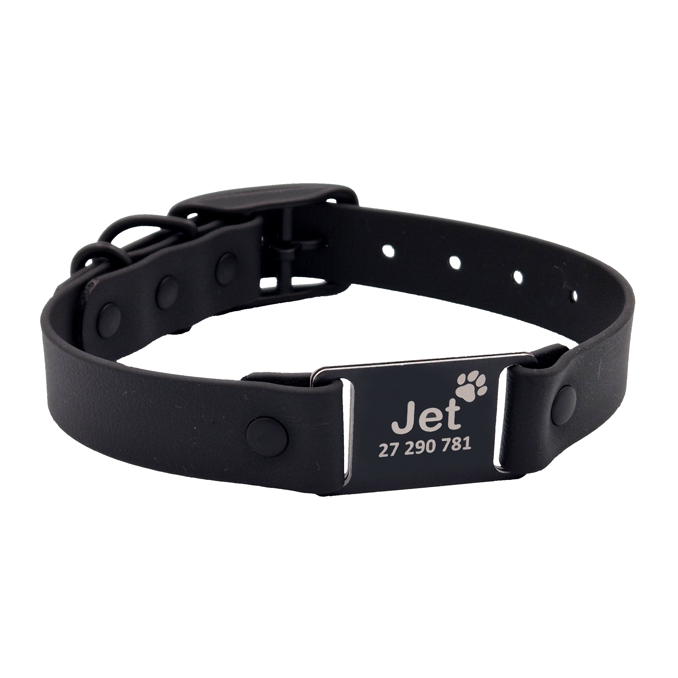 Classic Scrag Tag Dog Collar - Black - Brack Brass - Black Aluminium Name Plate