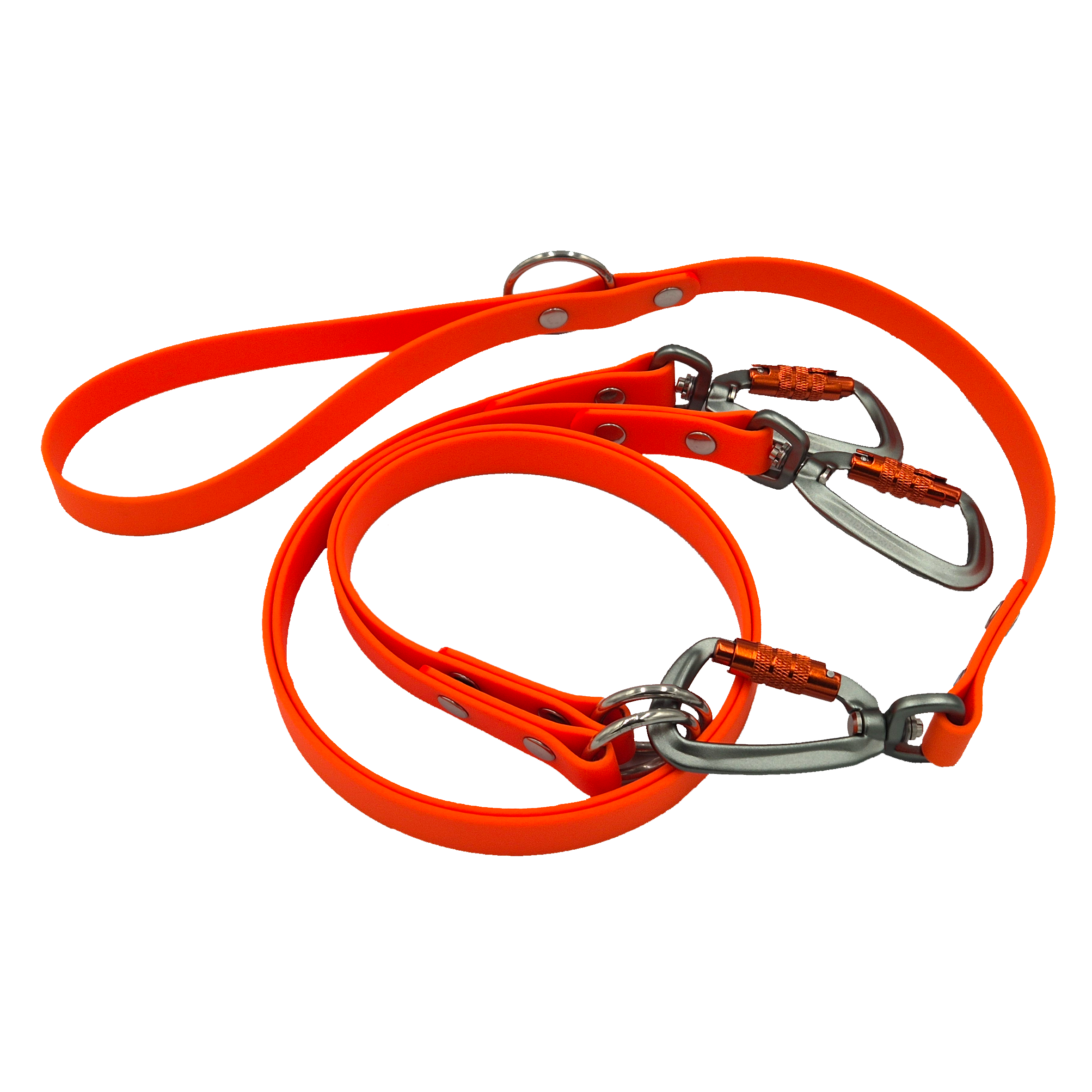 Double Dog Lead - Bright Orange with Silver and Orange hardware