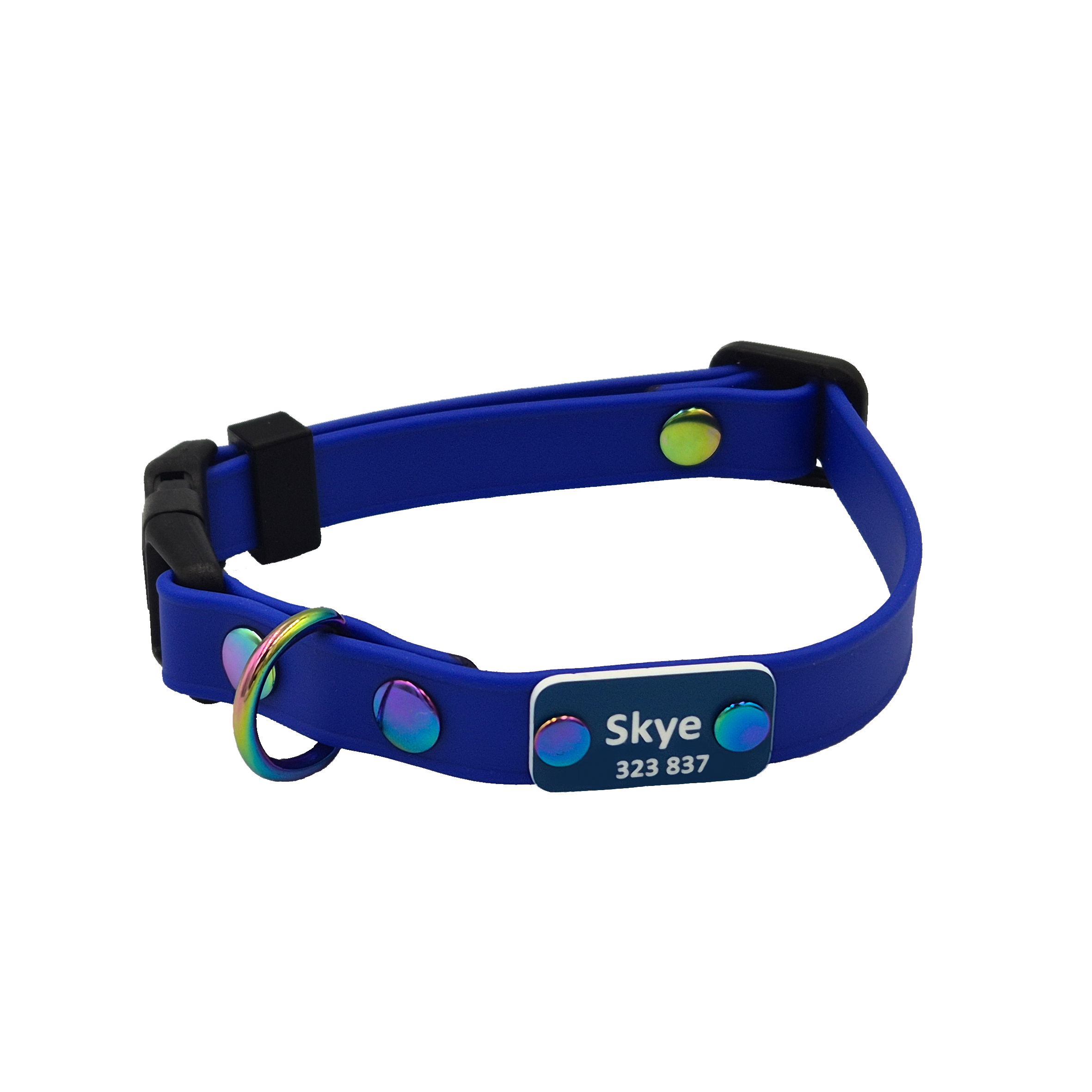 Mini Quick Release Dog Collar - Royal Blue with Black Plastic and Neo - Riveted Scrag Tag