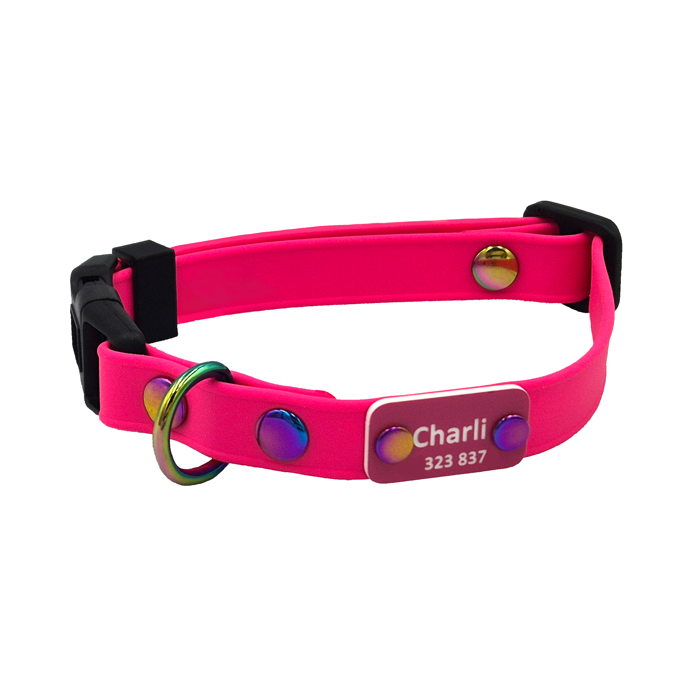 Mini Quick Release Dog Collar - Passion Pink with Black Plastic and Neo - Riveted Scrag Tag