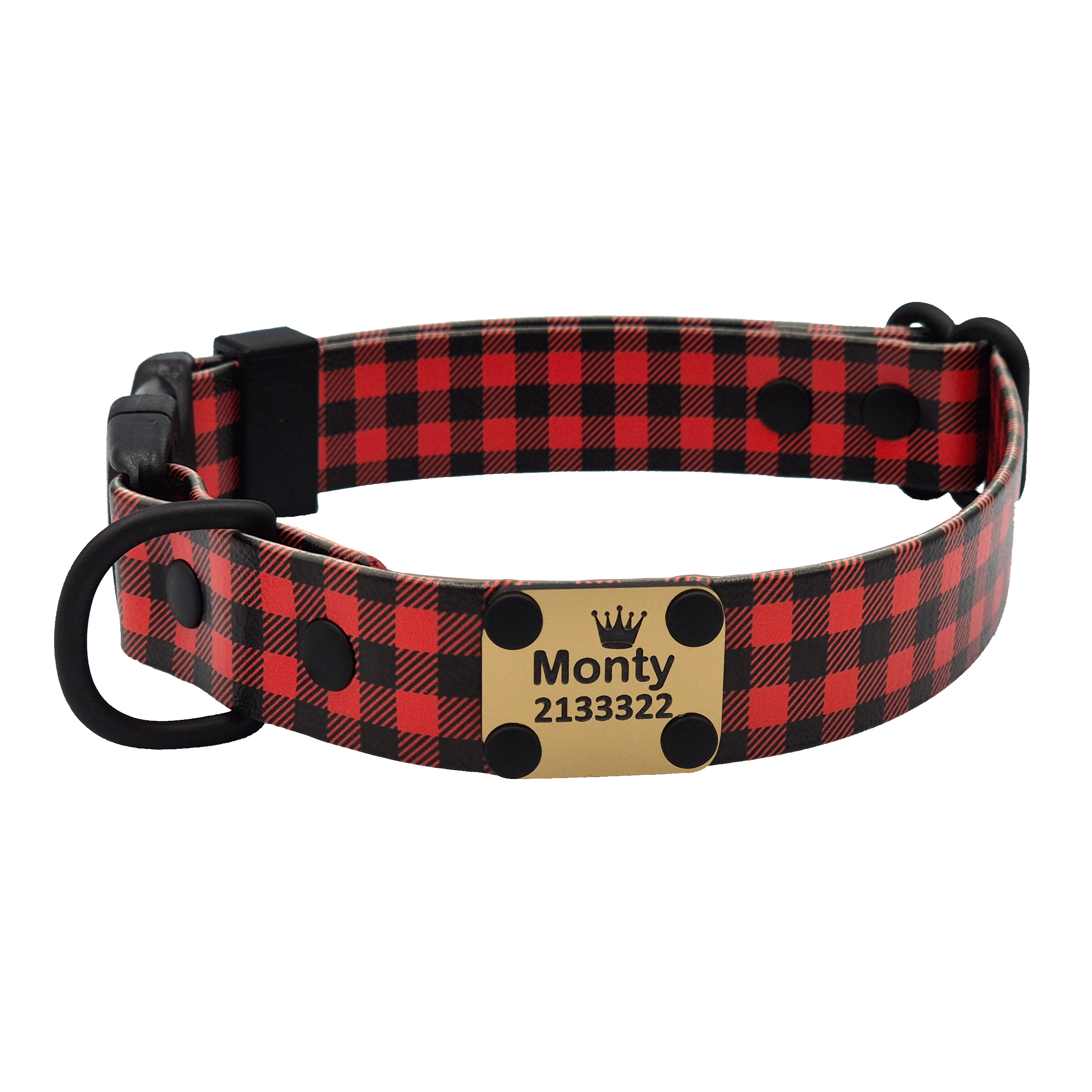 Designer Quick Release Dog Collar - Buffalo Plaid and Black Plastic - Gold Scrag