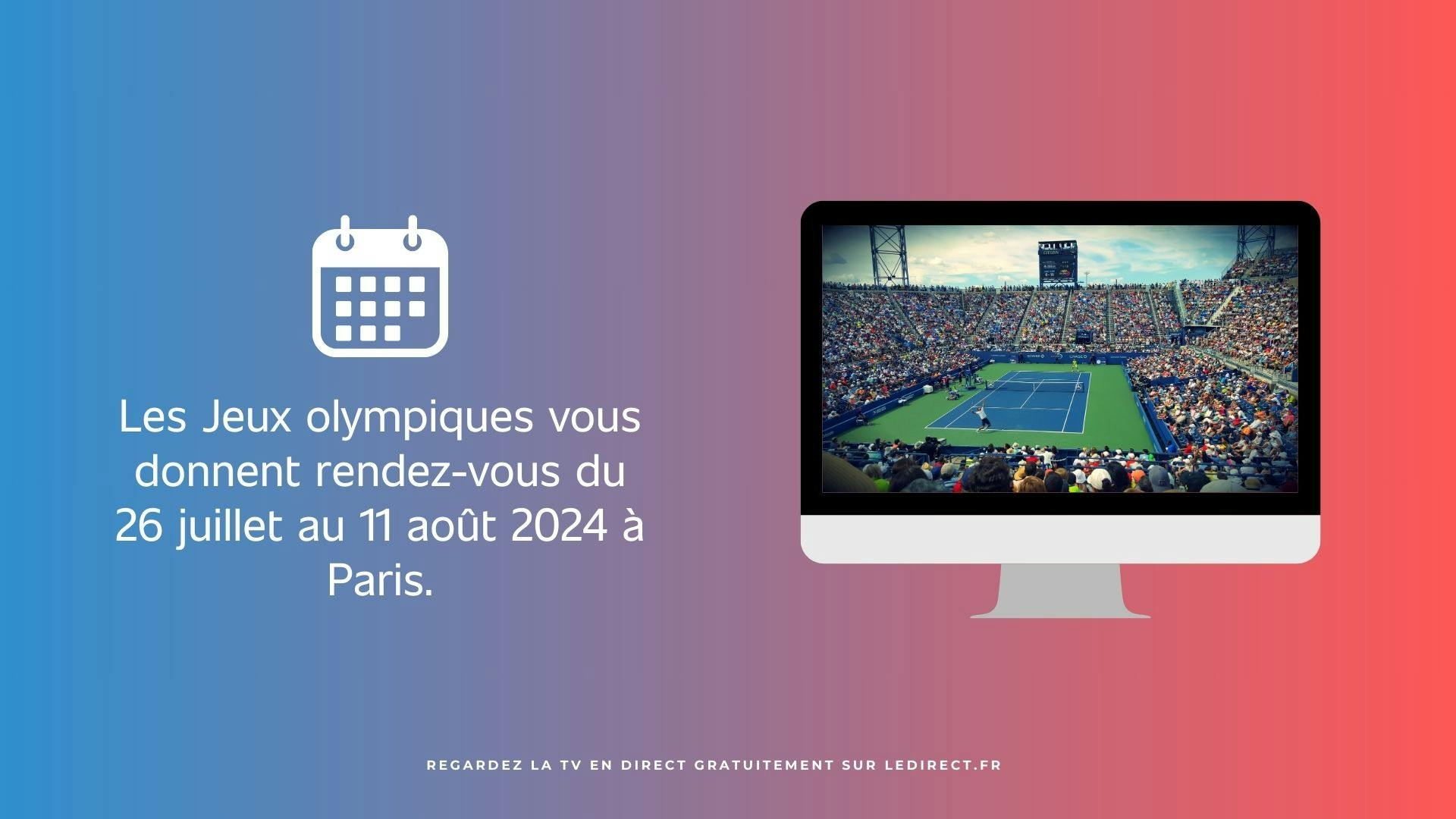 image d’un écran télé montrant une épreuve de tennis avec un texte à gauche au sujet des dates des JO de Paris 2024, le tout sur un fond dégradé