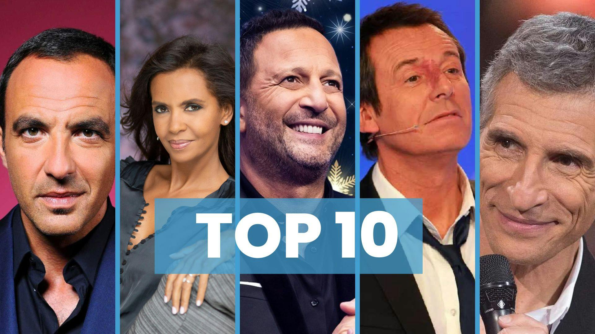 Titre en gros Top 10 avec en arrière Nikos Aliagas, Karine Le Marchand, Arthur, Jean-Luc Reichmann, Nagui