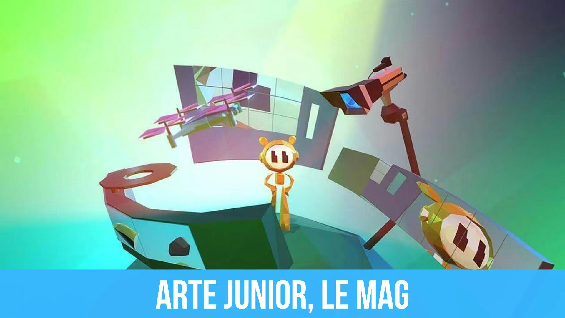 Poster de l’émission Arte Junior, le mag et un titre sur fond bleu