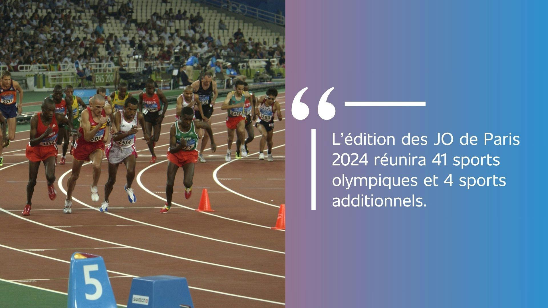 photo d’une épreuve de course avec du texte à droite au sujet du nombre de sports présents dans les JO de Paris 2024, le tout sur un fond dégradé