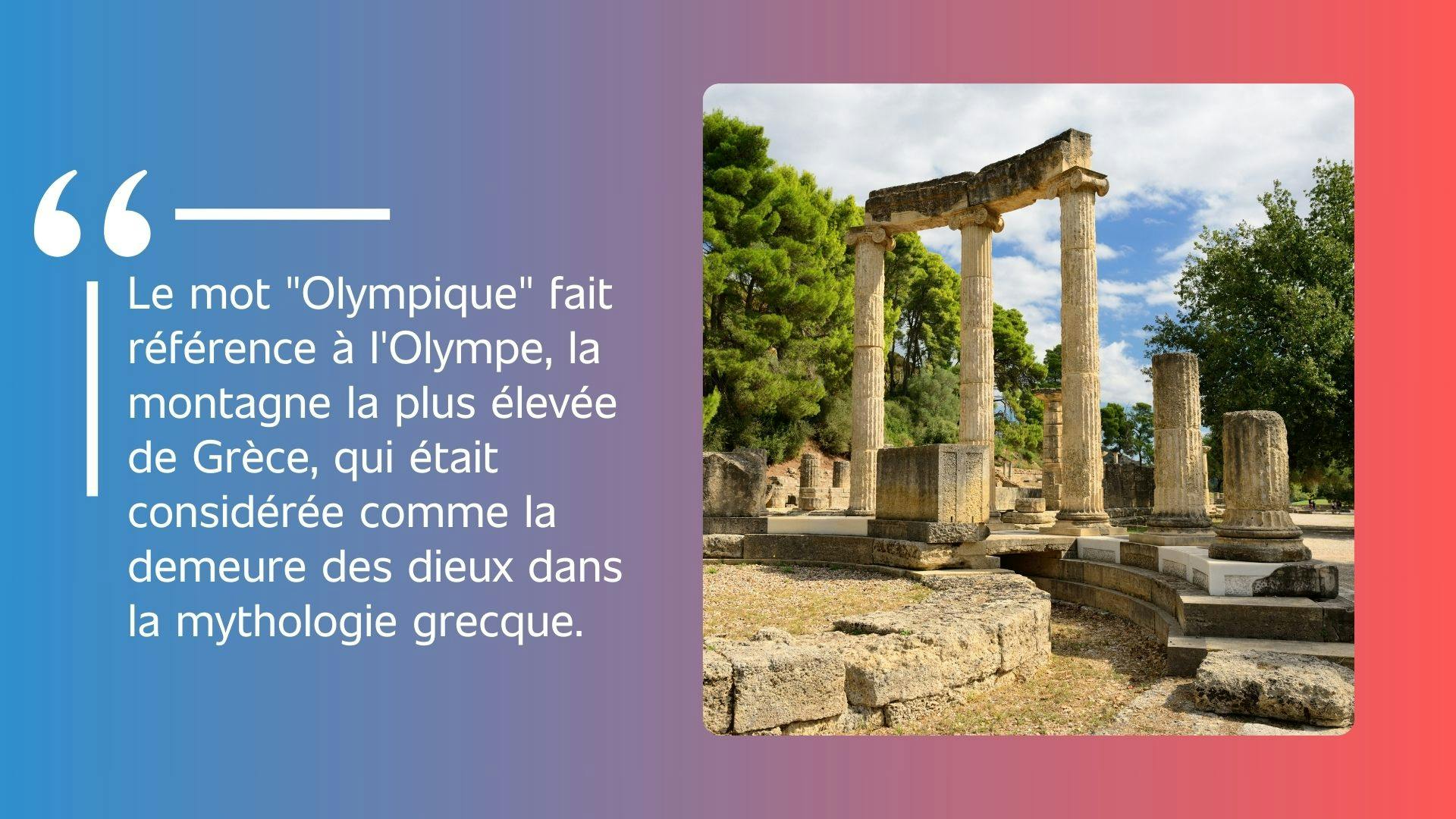 photo de ruines grecques avec un texte à gauche au sujet de l’origine du mot Olympique, le tout sur un fond dégradé