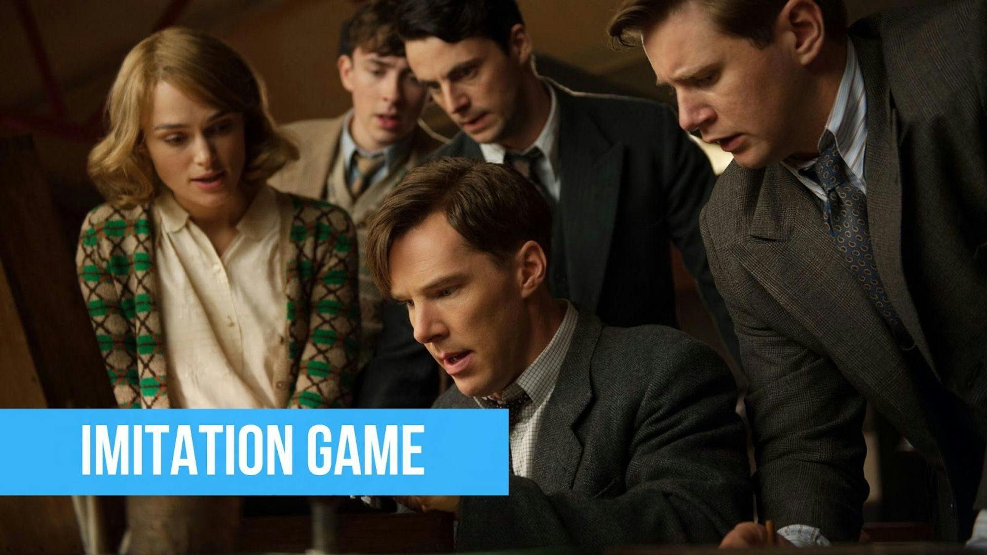 poster du film Imitation game avec Alan Turing et son équipe avec un titre sur fond bleu