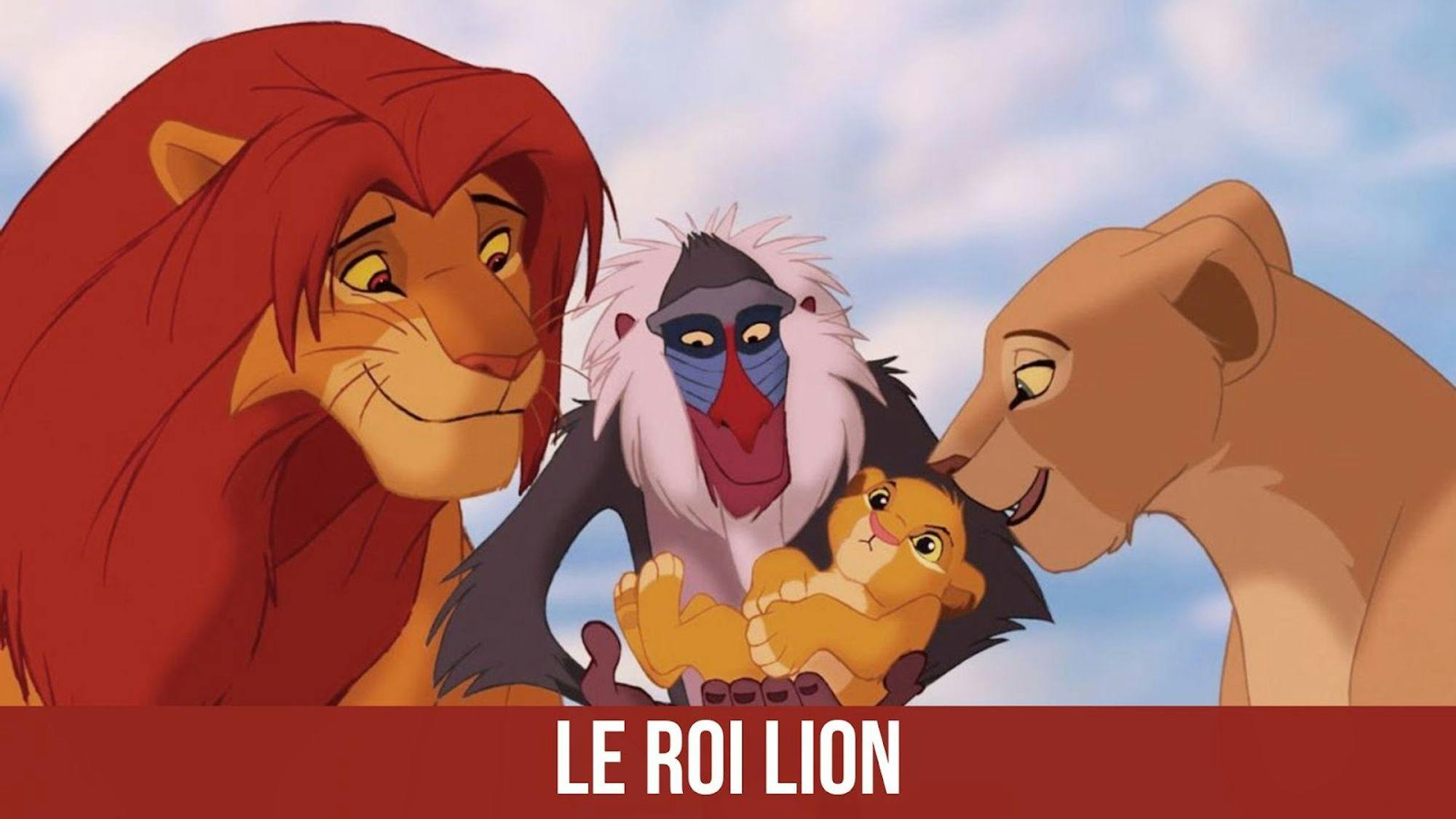 poster du film Le Roi Lion avec un titre sur fond grenat