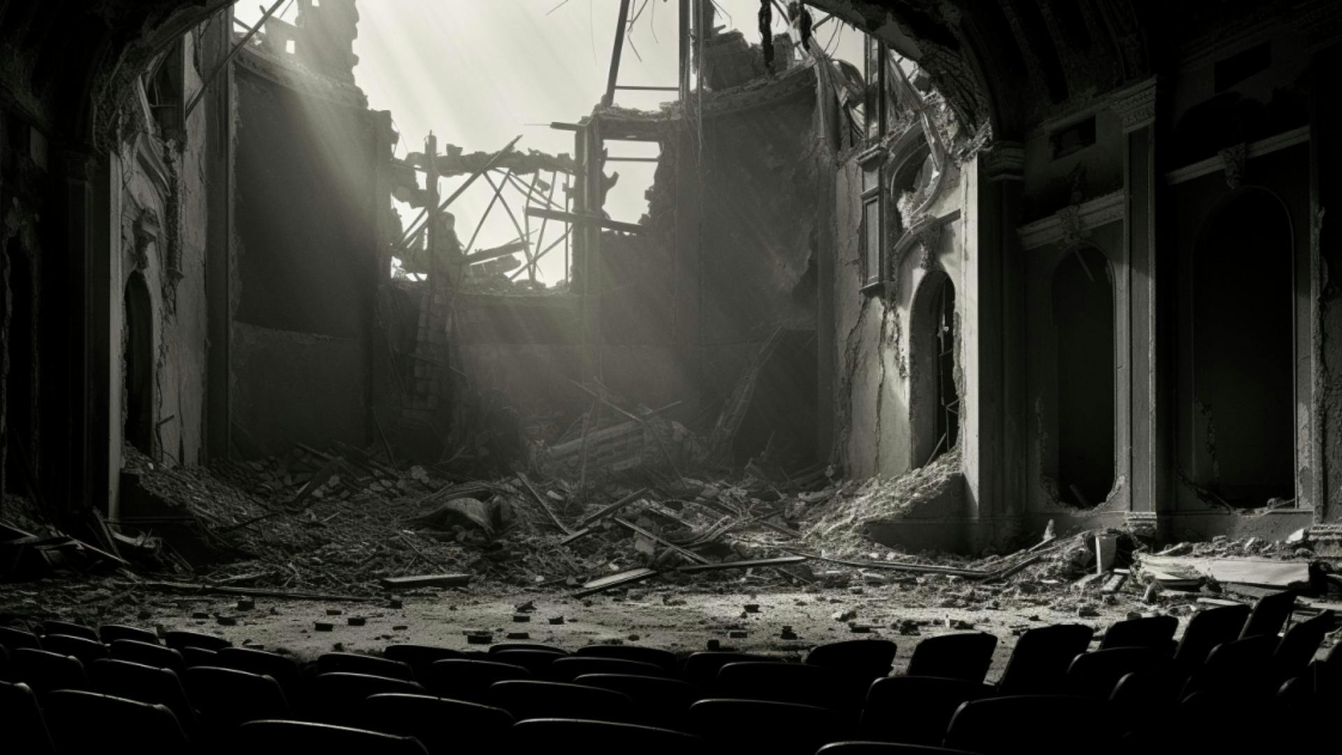 photo générée par l’IA d’une salle de cinéma détruite après la Seconde Guerre mondiale