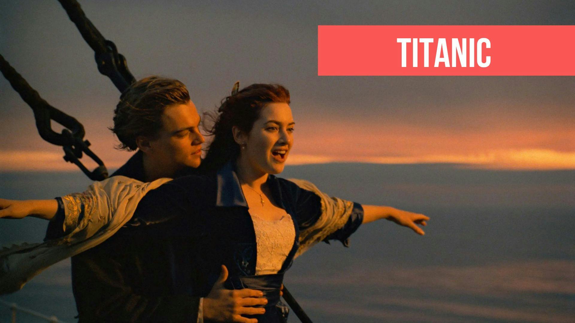 poster du film Titanic avec Kate Winslet et Leonardo Dicaprio + titre