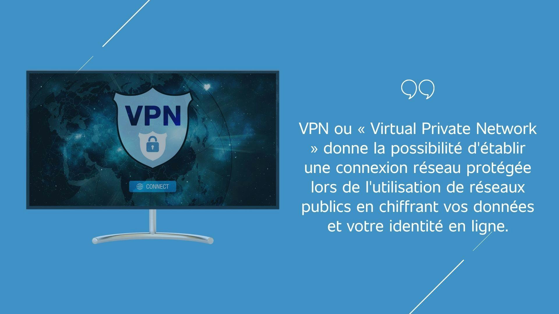 photo d’une smart TV avec un logo VPN avec une définition à droite sur fond bleu