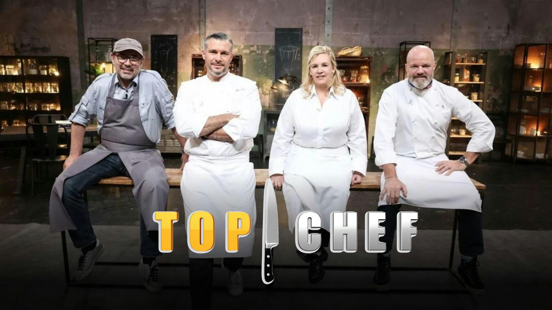 Image montrant les chefs de l’émission top chef avec le logo en premier plan