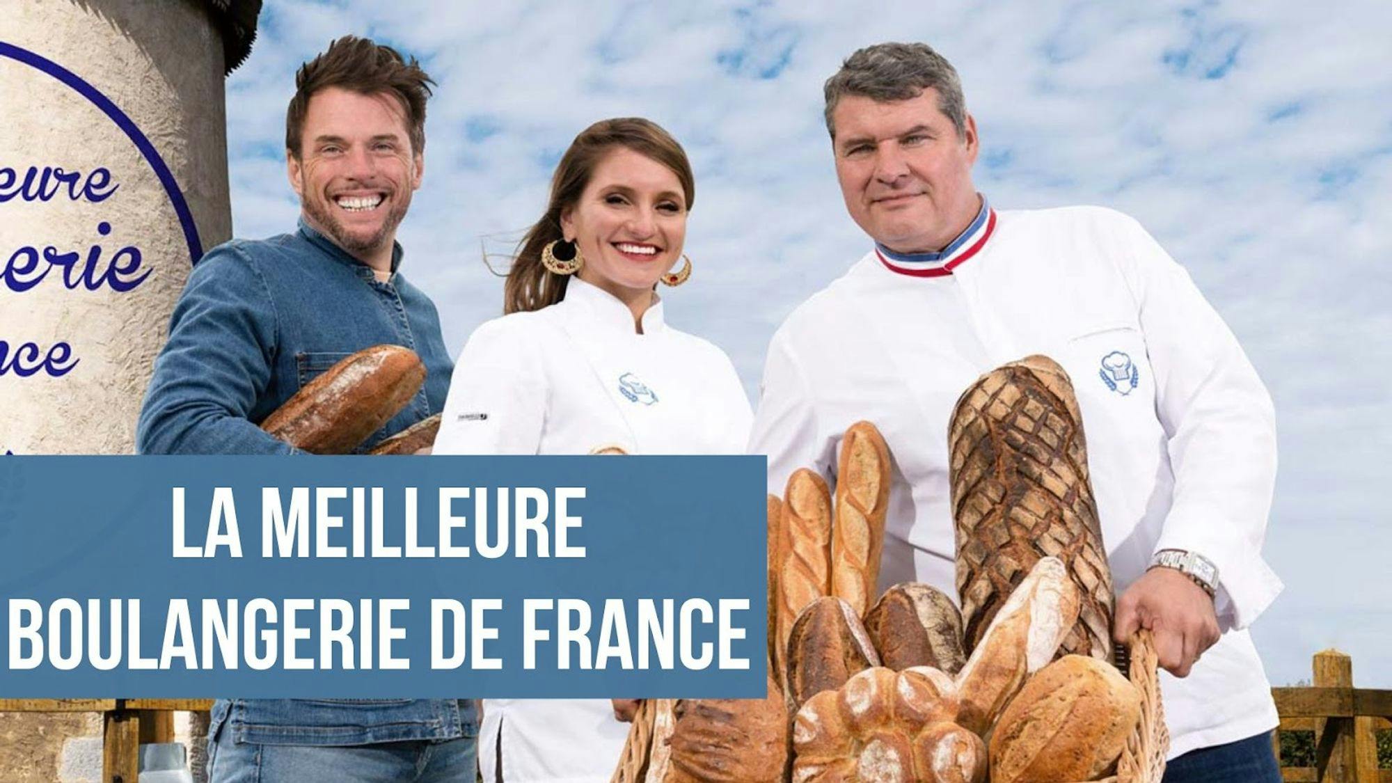 photo des membres du jury de la meilleure boulangerie de France avec un titre sur fond bleu