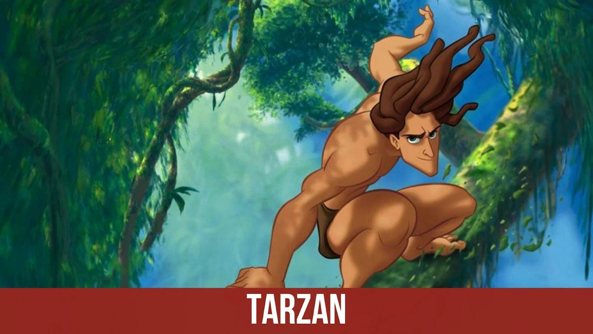 poster du film Tarzan avec un titre sur fond grenat