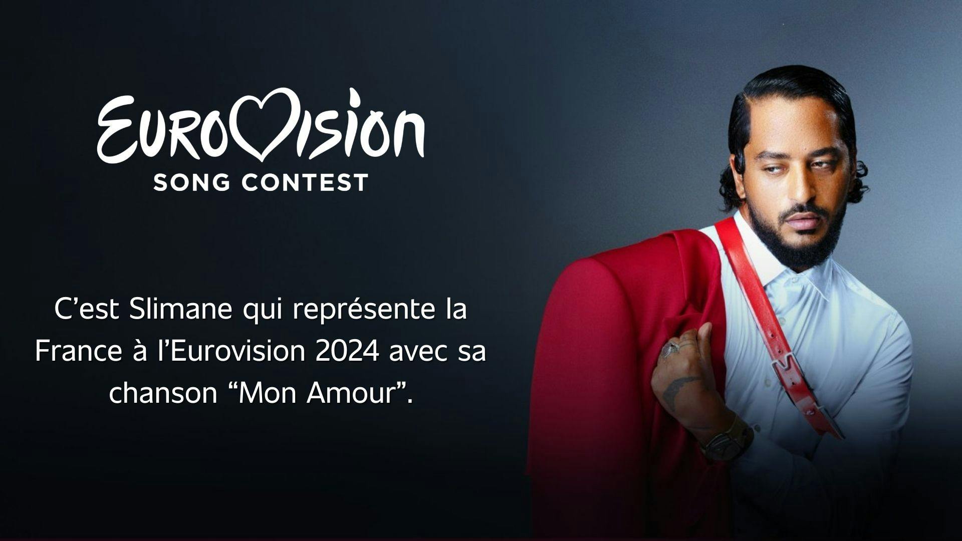 photographie du chanteur français Slimane avec un texte à gauche et le logo de l’Eurovision